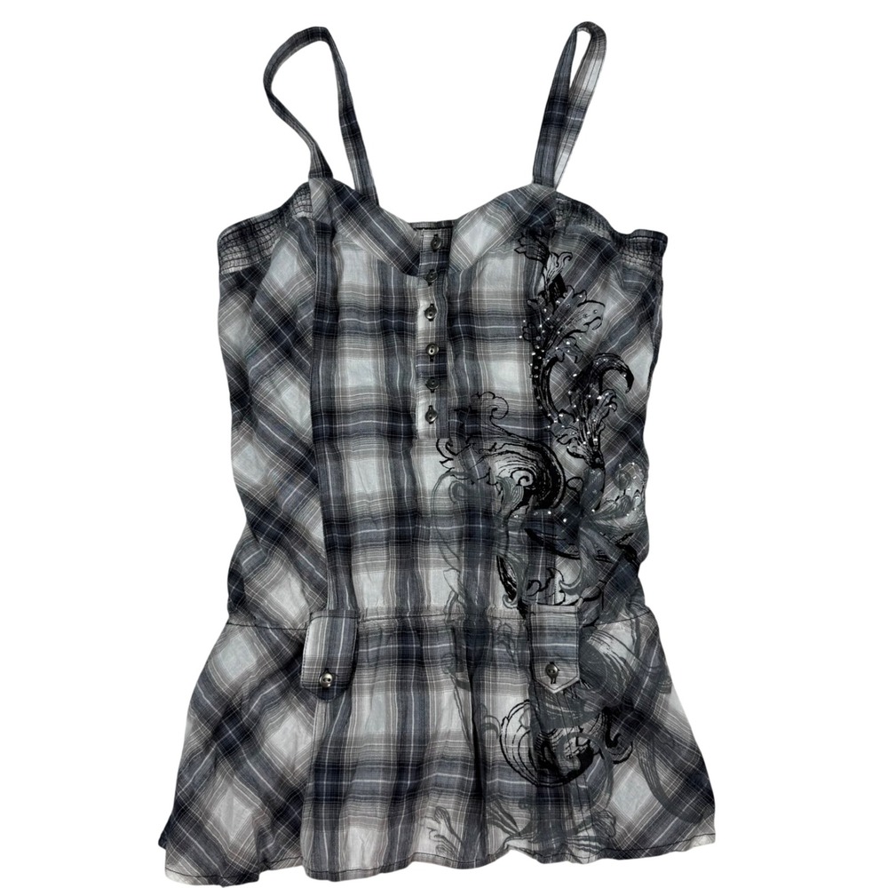 VTG Y2K Vanity Plaid Camisole Tank Top Sequin Smocked Sz M Babydoll Fairy Grunge
